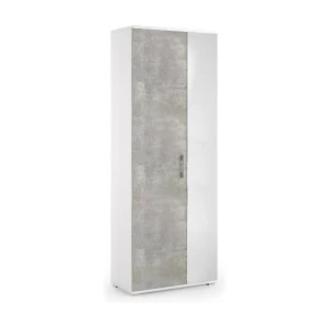 Dminiat schoenenrek, multifunctioneel entreemeubel met spiegeldeur, moderne schoenenkast met 6 planken, 100% Made in Italy, 72x37h195 cm, Wit en Cement