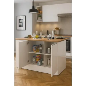 Dcarnelo keukeneiland, Multifunctionele kledingkast, Keukenmeubel, Bijzettafel, 100% Made in Italy, 155x90h90 cm, Glanzend wit en eiken Dcarnelo keukeneiland, Multifunctionele kledingkast, Keukenmeubel, Bijzettafel, 100% Made in Italy, 155x90h90 cm, Glanzend wit en eiken