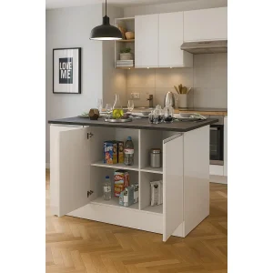 Dcarnelo keukeneiland, Multifunctionele kledingkast, Keukenmeubel, Bijzettafel, 100% Made in Italy, 155x90h90 cm, Glanzend wit en Leisteen Dcarnelo keukeneiland, Multifunctionele kledingkast, Keukenmeubel, Bijzettafel, 100% Made in Italy, 155x90h90 cm, Glanzend wit en Leisteen