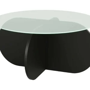 Salontafel Nila, tijdschriftenhouder, 75x75x35h cm zwart, ronde vorm, glazen tafelblad Salontafel Nila, tijdschriftenhouder, 75x75x35h cm zwart, ronde vorm, glazen tafelblad