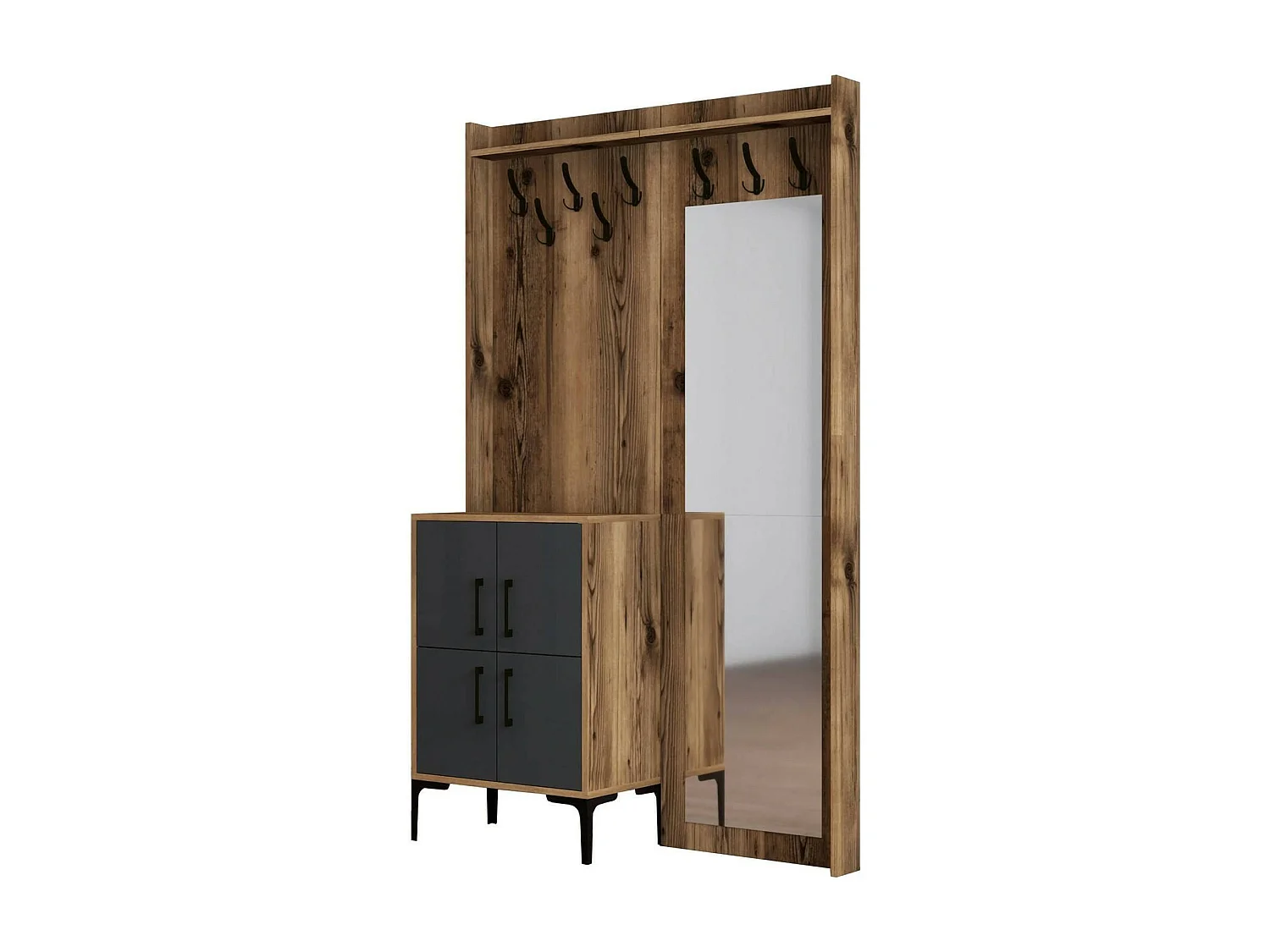 Dperron-ingangsmeubel, Inkomhanger, Atrium-opstelling, VoorportaalconsoleMet m-functionele voorwerpen, 120x35h200 cm, walnoot en antraciet