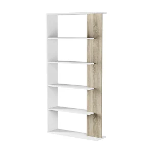 Dblanc Boekenkast, Dubbelzijdige boekenkast met 5 planken, Verdeelplank voor kantoor of slaapkamer, 90x25h180 cm, Wit en Eiken