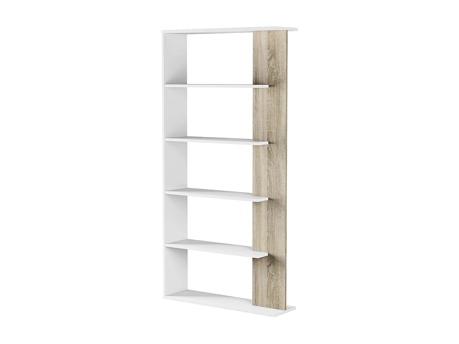 Dblanc Boekenkast, Dubbelzijdige boekenkast met 5 planken, Verdeelplank voor kantoor of slaapkamer, 90x25h180 cm, Wit en Eiken