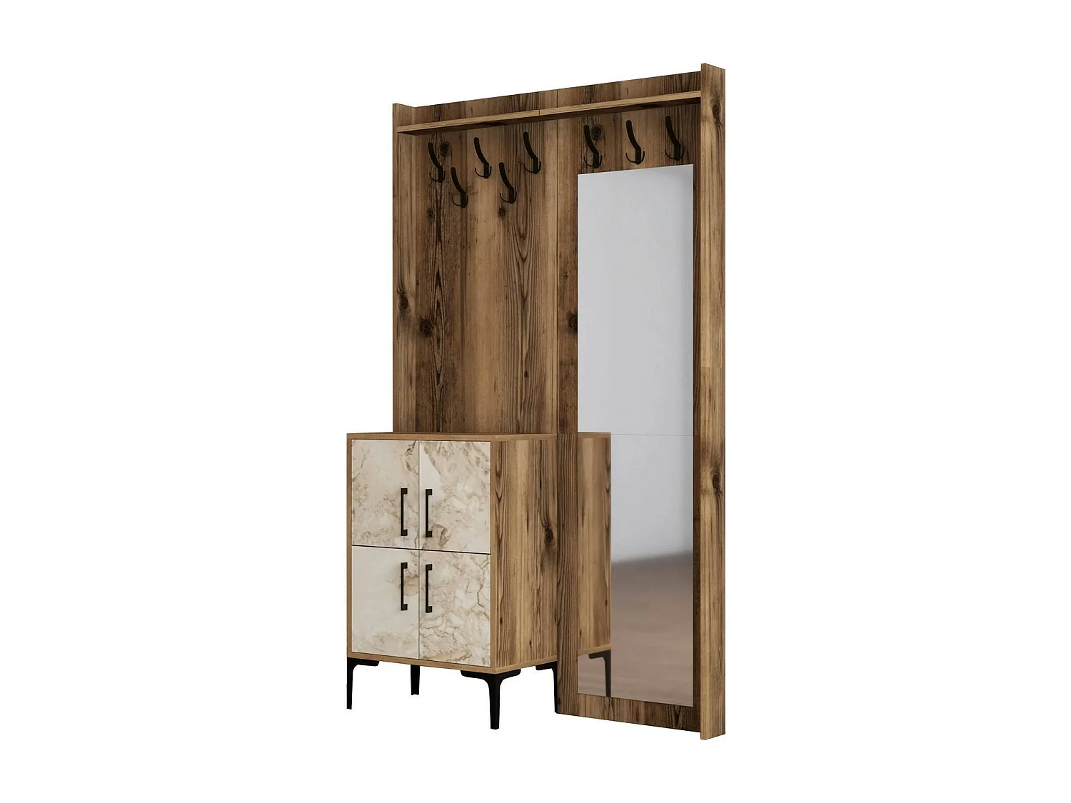 Dperron entreekast, Klerenhanger ingang, Atrium samenstelling, Multifunctionele opbergconsole, 120x35h200 cm, Walnoot en Wit