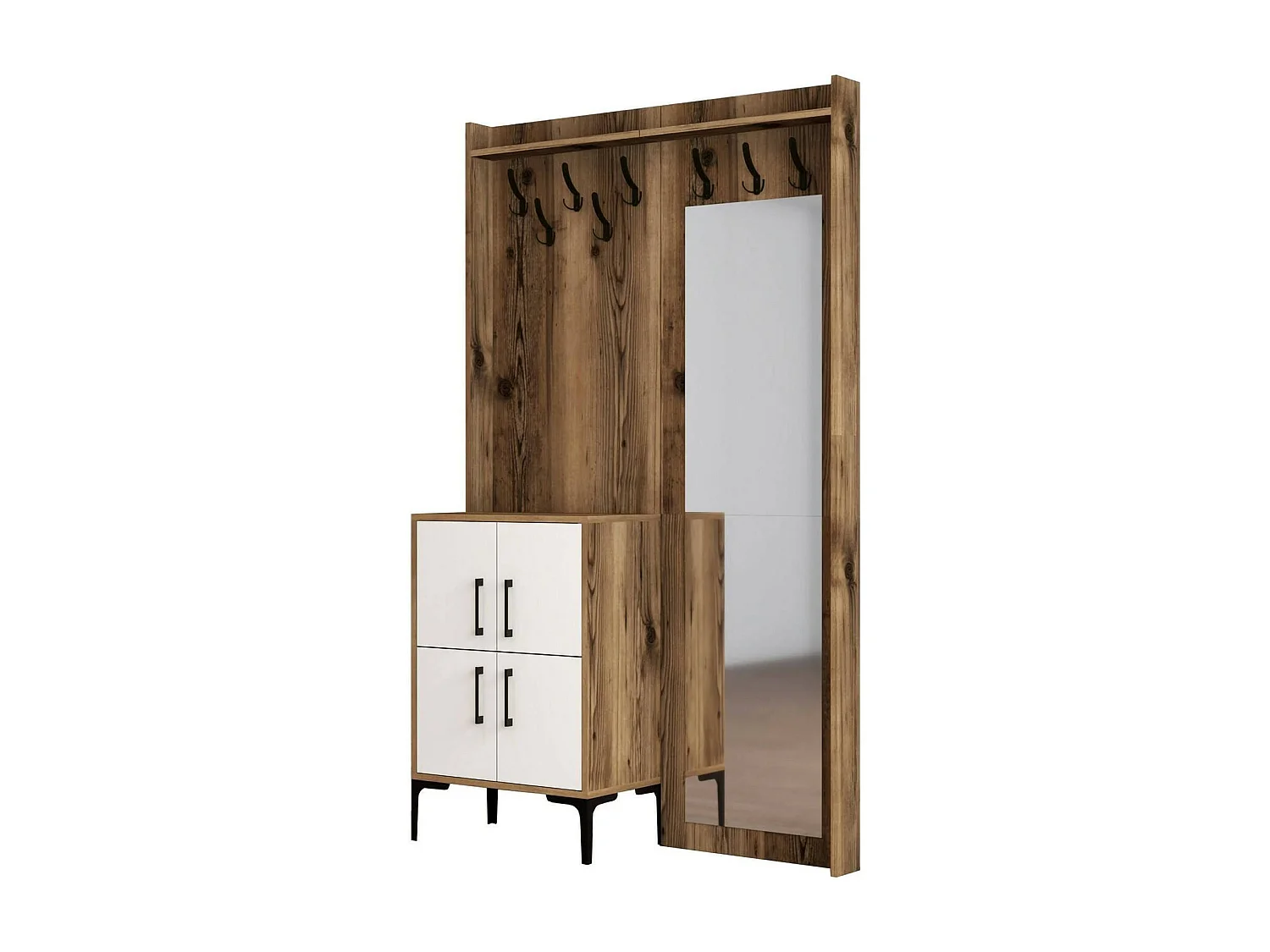 Dperron entreekast, Klerenhanger ingang, Atrium samenstelling, Multifunctionele opbergconsole, 120x35h200 cm, Walnoot en Wit
