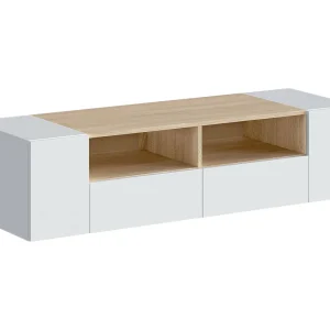 Dmolino TV-meubel, Dressoir voor televisie in de woonkamer, Modern TV-meubel, Multifunctioneel laag dressoir, 138x42h36 cm, Wit en Eiken Dmolino TV-meubel, Dressoir voor televisie in de woonkamer, Modern TV-meubel, Multifunctioneel laag dressoir, 138x42h36 cm, Wit en Eiken
