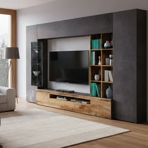 Dlazzar wandsysteem, TV-meubel woonkamerset, Multifunctioneel woonkamermeubilair met LED-licht, 100% Made in Italy, 290x40h192 cm, Leisteen en Esdoorn Dlazzar wandsysteem, TV-meubel woonkamerset, Multifunctioneel woonkamermeubilair met LED-licht, 100% Made in Italy, 290x40h192 cm, Leisteen en Esdoorn
