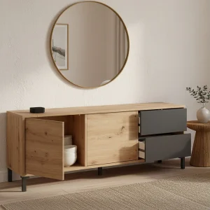 Dmora Arecibo Dressoir 41x130x47h cm Bruin Eik Knopen 2 Lades Push Pull Open, 2-Deurs Kast Dmora Arecibo Dressoir 41x130x47h cm Bruin Eik Knopen 2 Lades Push Pull Open, 2-Deurs Kast