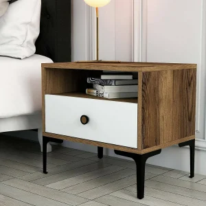 Dpi nachtkastjeDon, Lage Bijzettafel, Nachtkastje, Bedplank, 56x40h51 cm, Walnoot en Wit Dpi nachtkastjeDon, Lage Bijzettafel, Nachtkastje, Bedplank, 56x40h51 cm, Walnoot en Wit