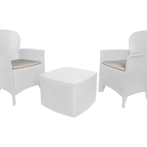 Dakain buiten woonkamer set, Tuin set met 2 fauteuils en 1 container salontafel, Rotan effect woonkamer, 100% Made in Italy, Wit