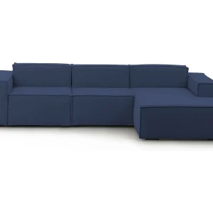 Ddzek vaste bank, 3-zits modulaire bank met rechterschiereiland, 100% Made in Italy, Moderne stoffen bank, 300x170h70 cm, Blauw