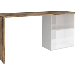 Dmait bureau, Lineair PC-bureau, Multifunctionele kantoortafel, Ruimtebesparend bureau, 100% Made in Italy, 110x50h75 cm, Glanzend wit en esdoorn