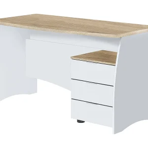 Davell bureau, Bureau, PC-studeertafel met 3 laden, 136x67h74 cm, Wit en Eiken Davell bureau, Bureau, PC-studeertafel met 3 laden, 136x67h74 cm, Wit en Eiken