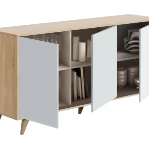 Dabello dressoir, Modern dressoir met 3 deuren en planken, Keukenbuffet, Woonkamer design buffet, 154x40h75 cm, Eiken en Wit Dabello dressoir, Modern dressoir met 3 deuren en planken, Keukenbuffet, Woonkamer design buffet, 154x40h75 cm, Eiken en Wit