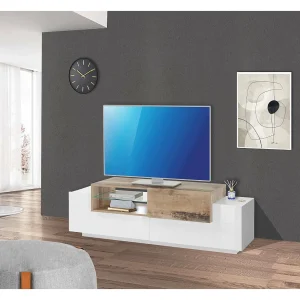 Dlodrin TV-meubel, Laag woonkamerdressoir, TV-meubelbasis, 100% Made in Italy, 160x45h51 cm, Glanzend wit en esdoorn
