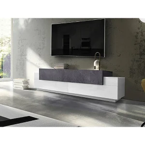 Dmirand TV-meubel, Laag woonkamerdressoir, TV-meubelbasis, 100% Made in Italy, 200x45h52 cm, Glanzend wit en leisteen Dmirand TV-meubel, Laag woonkamerdressoir, TV-meubelbasis, 100% Made in Italy, 200x45h52 cm, Glanzend wit en leisteen