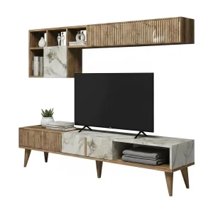 Dmalavas-wand, woonkamer, multifunctionele woonkamermeubel, tv-houder, 180x35h40 cm, walnoot en marmerwit