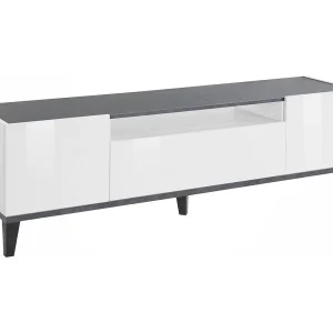 Dfigol TV-meubel, Laag woonkamerdressoir met 2 deuren, TV-meubelbasis, 100% Made in Italy, 160x40h47 cm, Glanzend wit en leisteen Dfigol TV-meubel, Laag woonkamerdressoir met 2 deuren, TV-meubelbasis, 100% Made in Italy, 160x40h47 cm, Glanzend wit en leisteen