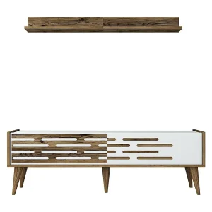 Daanesta TV deurkast, Woonkamer dressoir, Lage TV kast, Ingebouwde wandvoet, 140x45h35 cm, Walnoot en Wit