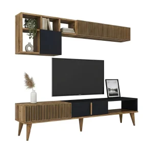 Dmalavas inbouwwand, Woonkamersamenstelling, Multifunctionele woonkamerkast, TV kast, 180x35h40 cm, Walnoot en Antraciet