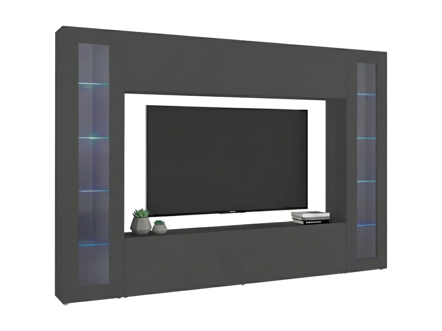 Delma wandmeubel, 4-deurs TV-meubel woonkamerset, Multifunctioneel woonkamermeubel met vitrine en LED-licht, 100% Made in Italy, 260x30h180 cm, Antraciet