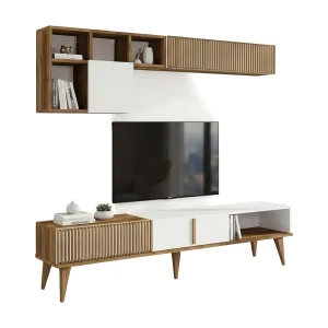 Dmalavas uitgeruste muur, Woonkamer samenstelling, Multifunctionele woonkamer kast, TV kast, 180x35h40 cm, Walnoot en Wit