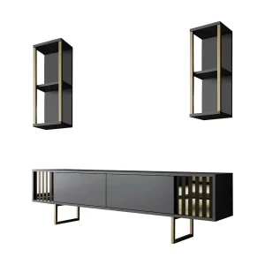Dliveran tv-meubel, woonkamer dressoir, laag tv-meubel, gemonteerd wandonderstel, 180x30h48 cm, antraciet en zwart