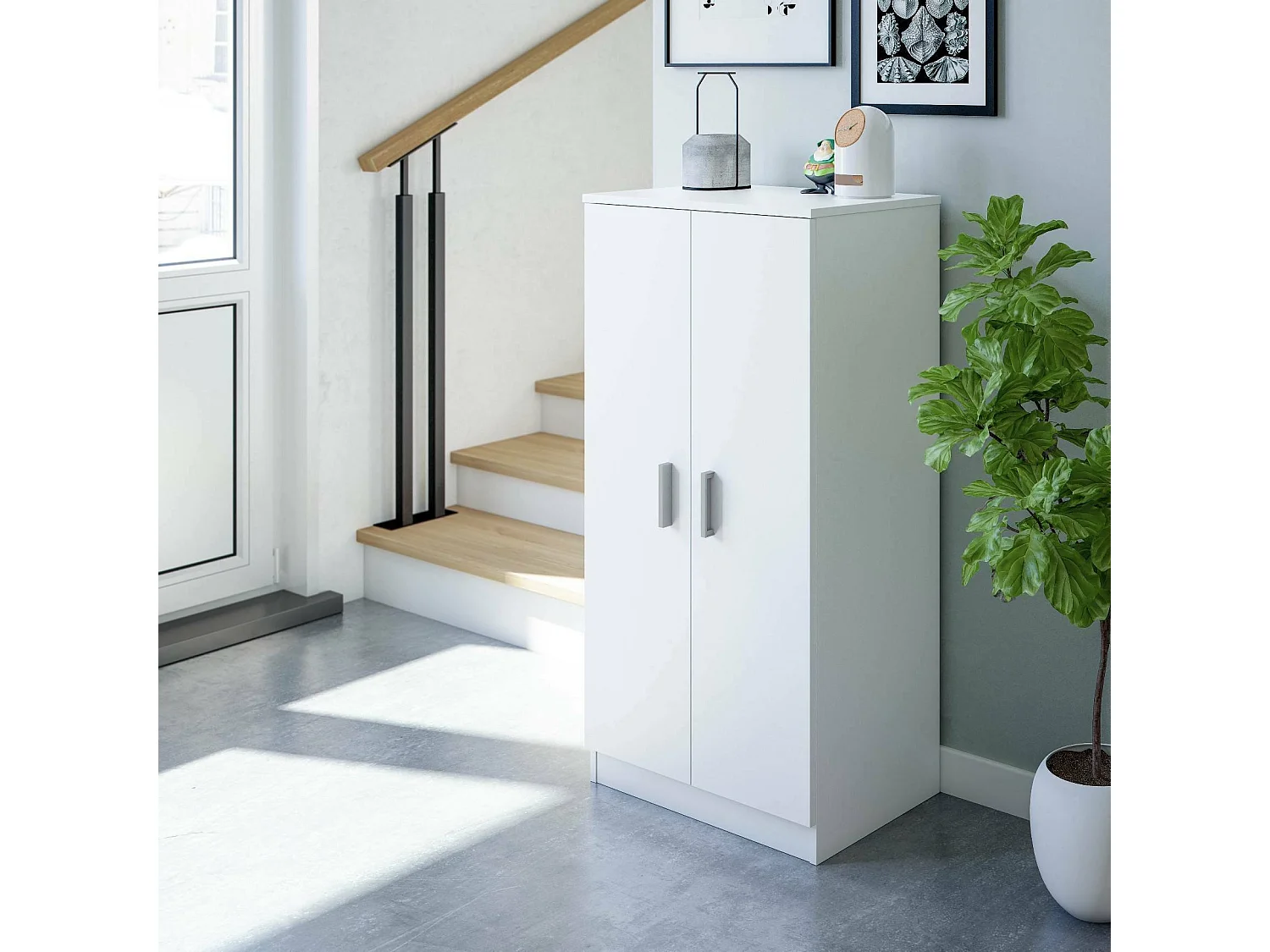 Corona multifunctionele kledingkast, Extra kast met 2 deuren, Lage schoenenkast met 6 planken, Modern schoenenrek, 55x36h108 cm, Wit