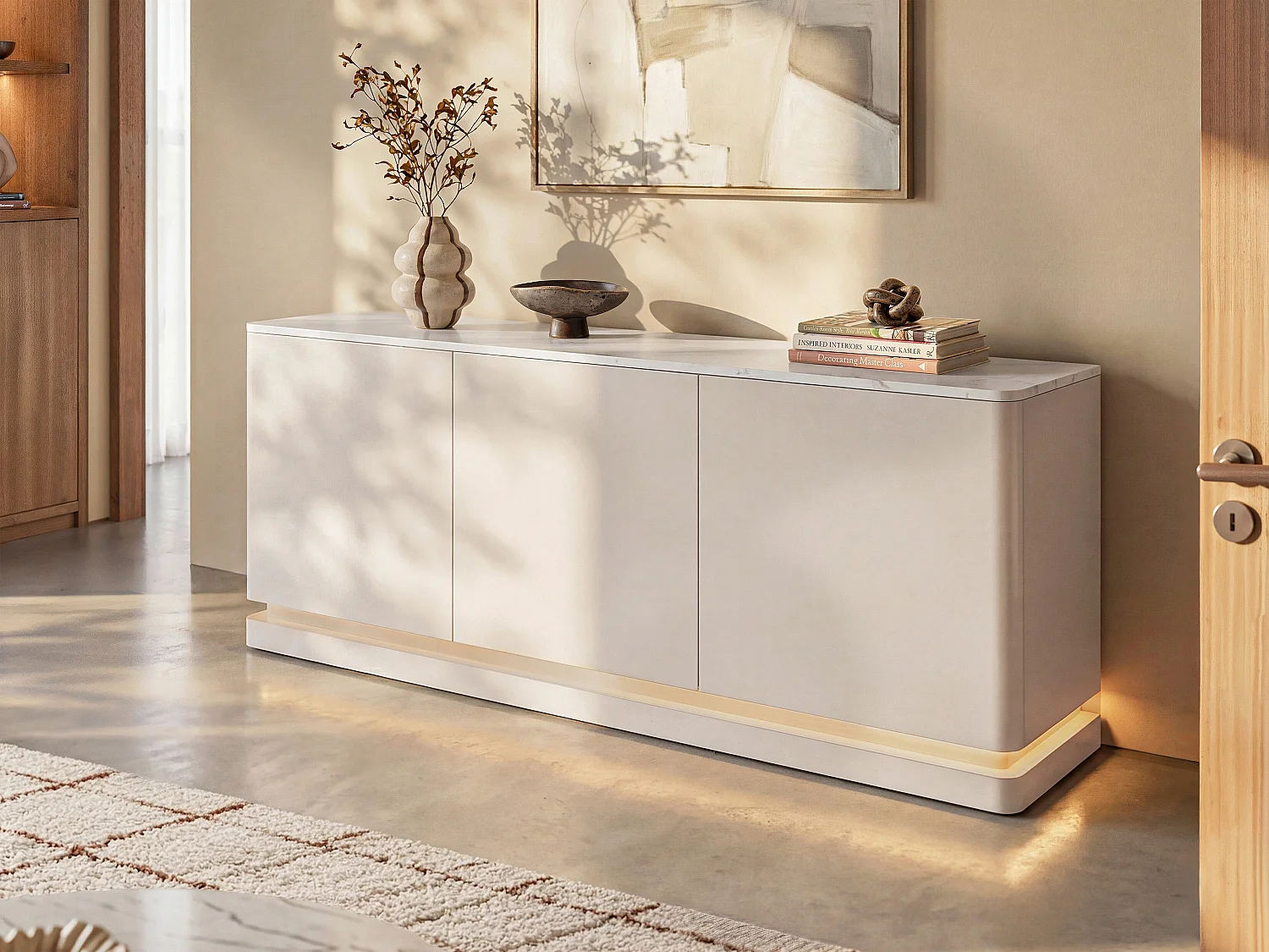 Buffet 3 deuren met LED-verlichting in MDF - Beige en wit marmer effect - DEVIKA