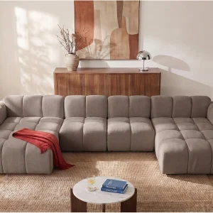 Modulaire panoramische hoekbank in getextureerde taupe stof CARLIVI Modulaire panoramische hoekbank in getextureerde taupe stof CARLIVI