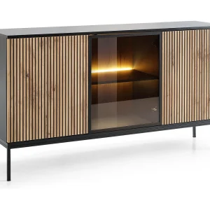 Commode 150 cm Haller – Commode met 3 deuren, LED-verlichting, lamellen, loftstij, Zwart + Bruin Commode 150 cm Haller – Commode met 3 deuren, LED-verlichting, lamellen, loftstij, Zwart + Bruin