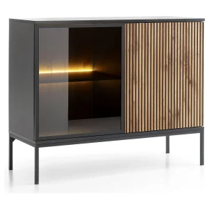 Commode 100 cm Haller – Commode in loftstijl met 2 deuren, LED-verlichting, lamellen, Zwart + Bruin Commode 100 cm Haller – Commode in loftstijl met 2 deuren, LED-verlichting, lamellen, Zwart + Bruin