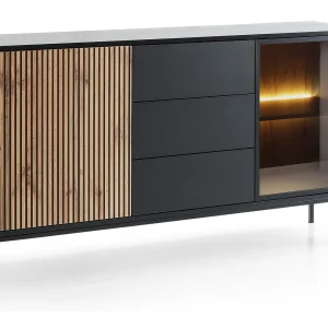 Commode 150 cm Haller – Commode in loftstijl met 3 laden, LED-verlichting, lamellen, Zwart + Bruin Commode 150 cm Haller – Commode in loftstijl met 3 laden, LED-verlichting, lamellen, Zwart + Bruin