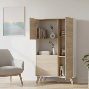 Damraba dressoir, Hoog woonkamerbuffet, Modern woonkamerdressoir met 3 deuren, 81x43h135 cm, Eiken en Wit Damraba dressoir, Hoog woonkamerbuffet, Modern woonkamerdressoir met 3 deuren, 81x43h135 cm, Eiken en Wit
