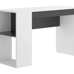 Dfalc Bureau, Multifunctioneel bureau voor kantoor of slaapkamer, Lineaire studeertafel met planken, 115x50h74 cm, Wit en Antraciet