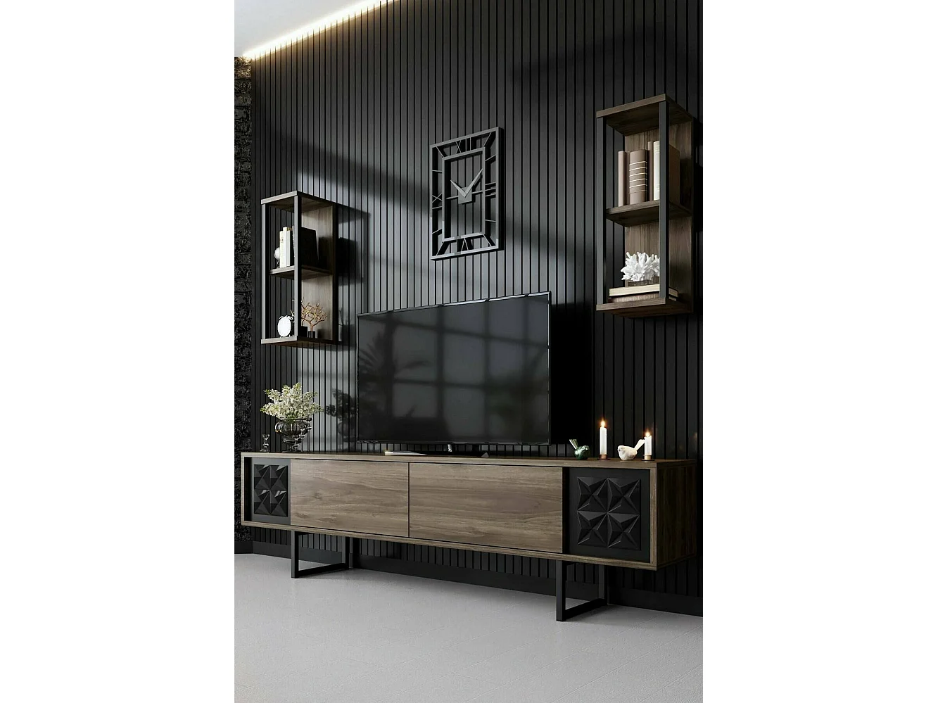 Dmiggian tv-meubel, woonkamermeubel, lage tv-meubel, wandstandaard, 180x30h48 cm, walnoot en zwart
