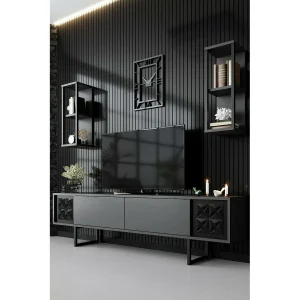 Dmiggian tv-meubel, woonkamer dressoir, laag tv-meubel, uitgerust wandonderstel, 180x30h48 cm, antraciet en zwart Dmiggian tv-meubel, woonkamer dressoir, laag tv-meubel, uitgerust wandonderstel, 180x30h48 cm, antraciet en zwart