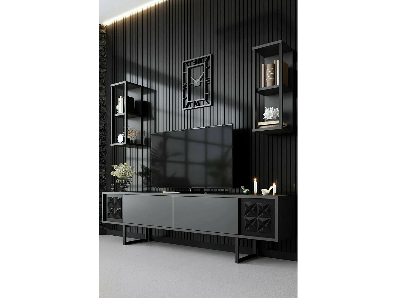 Dmiggian tv-meubel, woonkamer dressoir, laag tv-meubel, uitgerust wandonderstel, 180x30h48 cm, antraciet en zwart