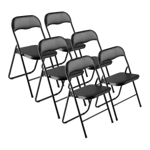 Draagbare Klapstoelen SucceBuy, Set van 6, Lederen Eetkamerstoel met Metalen Frame en Gewatteerd Kussen, voor Binnen en Buiten, Zwart Draagbare Klapstoelen SucceBuy, Set van 6, Lederen Eetkamerstoel met Metalen Frame en Gewatteerd Kussen, voor Binnen en Buiten, Zwart