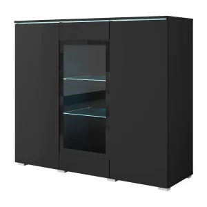 Moderne hoge vitrinekast 120 cm voor woonkamer 3 deuren zwart grafiet mat