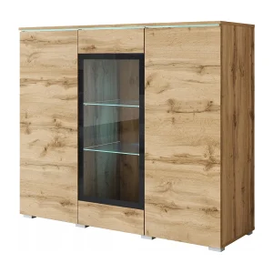 Moderne hoge vitrinekast 120 cm voor woonkamer 3 deuren eik wotan mat