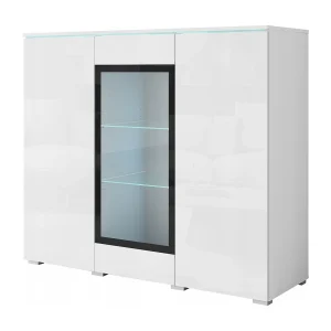 Moderne hoge vitrinekast 120 cm voor woonkamer 3 deuren corpus wit mat en fronten wit hoogglans