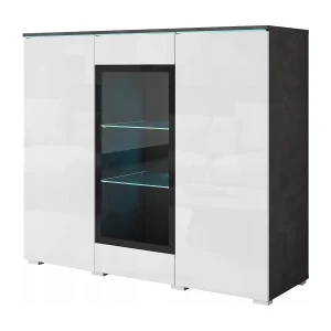 Moderne hoge vitrinekast 120 cm voor woonkamer 3 deuren corpus matera mat en fronten wit hoogglans