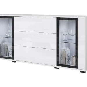 Dressoir 150 cm voor woonkamer – moderne vitrinekast met glas en lades corpus wit mat en fronten wit hoogglans