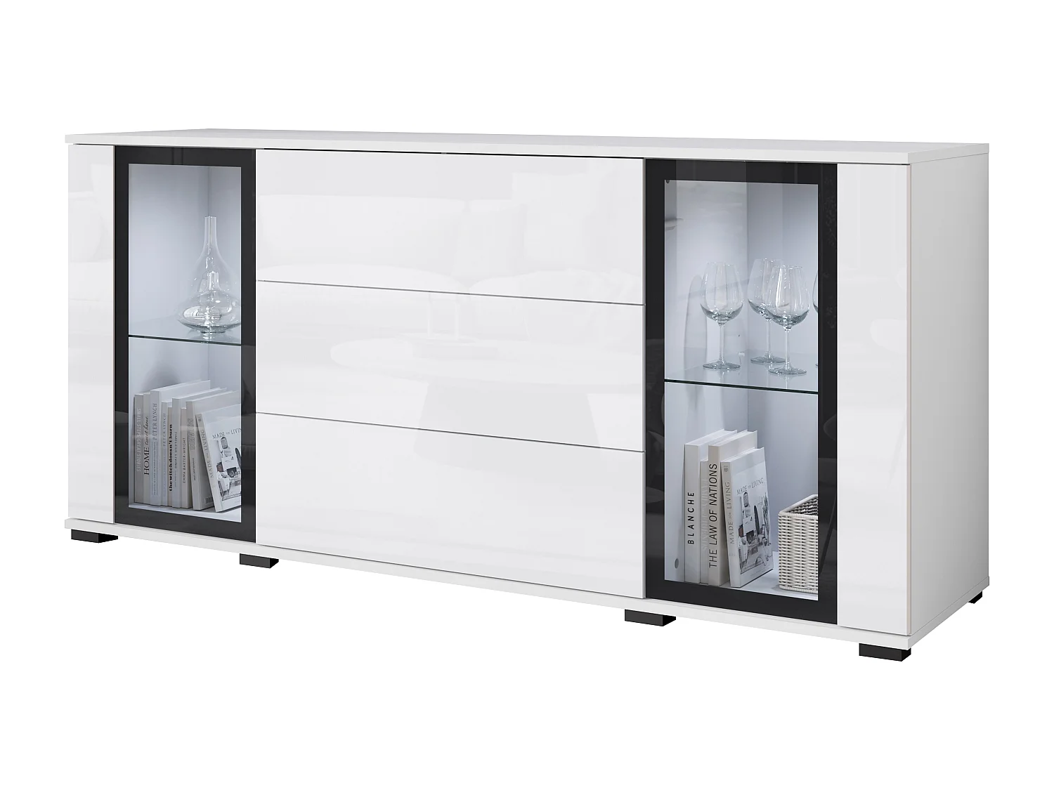 Dressoir 150 cm voor woonkamer – moderne vitrinekast met glas en lades corpus wit mat en fronten wit hoogglans
