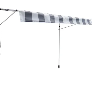 CHENE balkonluifel 3 × 1.2m – Wit/grijs gestreept doek en wit frame CHENE balkonluifel 3 × 1.2m – Wit/grijs gestreept doek en wit frame