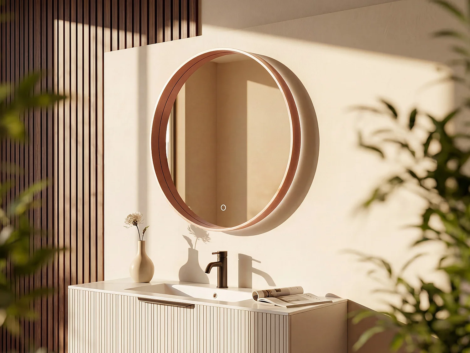 Ronde verwarmde badkamerspiegel met anti-condens - Rose gold rand - D60 cm - CERALUMA