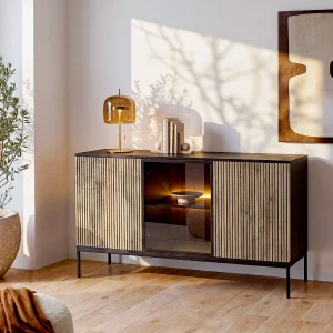 Buffetkast met 3 deurtjes met ledverlichting van mdf en gerookt glas – Zwart en naturel – OVILA