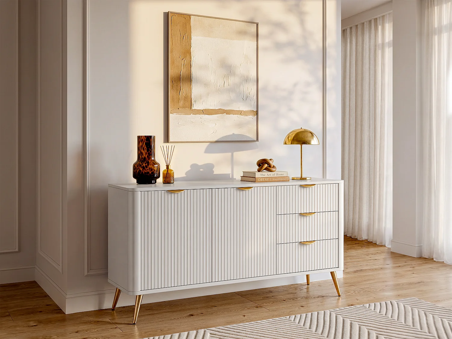 Buffetkast met 2 deuren en 3 lades van mdf - Beige en goudkleurig - ELONARIA van Pascal Morabito