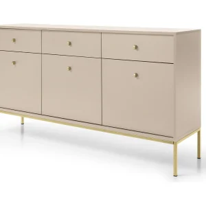 Commode 150 cm Monti – sideboard met 3 laden, 3 deuren, poten – beige + goud Commode 150 cm Monti – sideboard met 3 laden, 3 deuren, poten – beige + goud